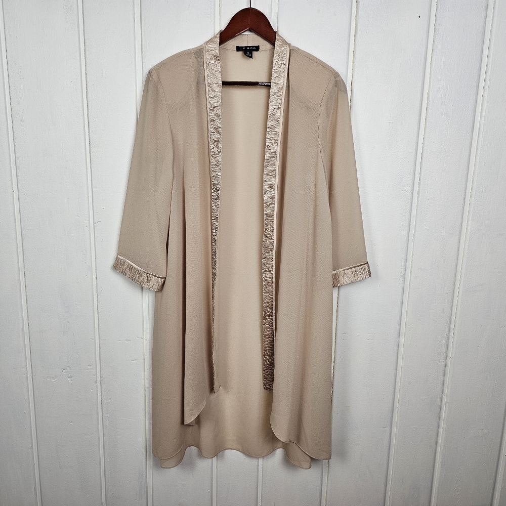 Le Bos Tan Sheer Open Face Long Formal Cardigan Satin Trim Plus Size 14